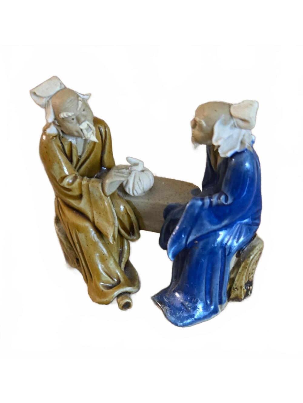 Ceramic Asian Men Figurine on Base, Multicolor, Two Mud Men